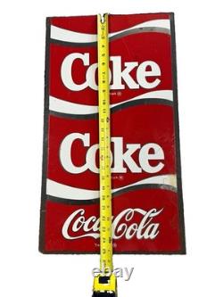 Vintage 1970s Coca-Cola Steel Vending Machine Sign Panel Silver Ribbon 25x14